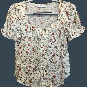 Elodie Ivory Orange Floral SS Sz S Blouse Court Neckline Cottagecore Girly Girl